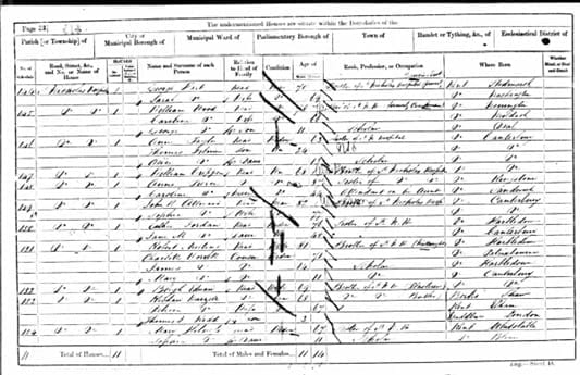 A photograph of a page of the 1861 census.