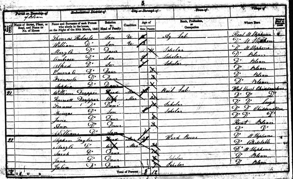 A photograph of a page of the 1851 census.