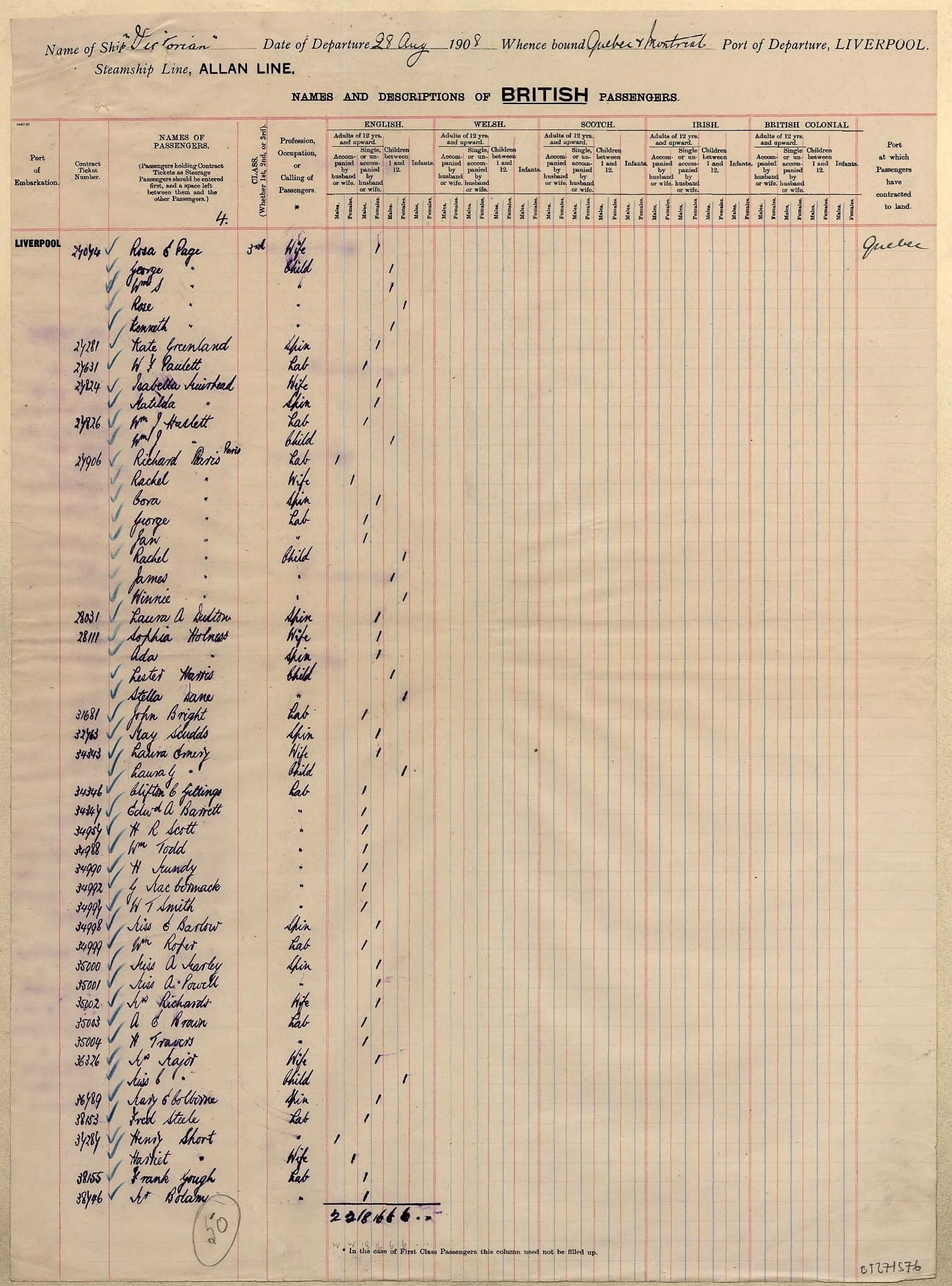 A photo of a page of a passenger manifest.