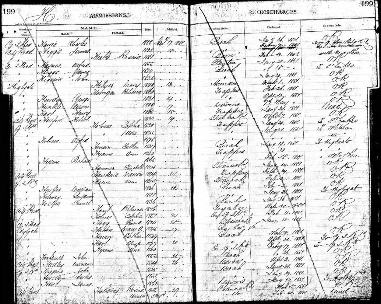 A photo of pages of an admissions log book.