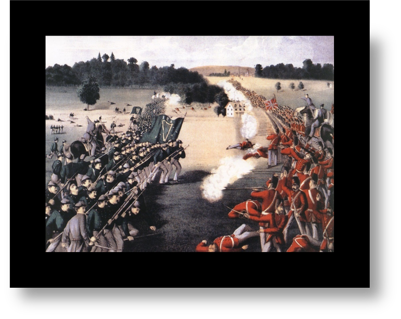 A painting depicting a pitched battle in 1866 between British and American infantry forces.