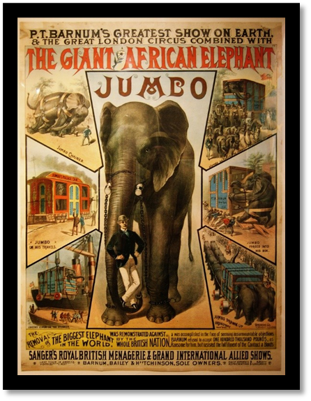 A circus poster featuring Jumbo the elephant and various other attractions.