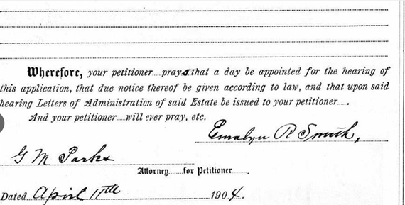A photo of a probate document dated April 11, 1904, bearing Eamlyn's signature.