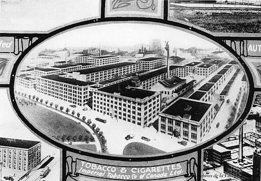 An illustration depicting a cigarette factory.