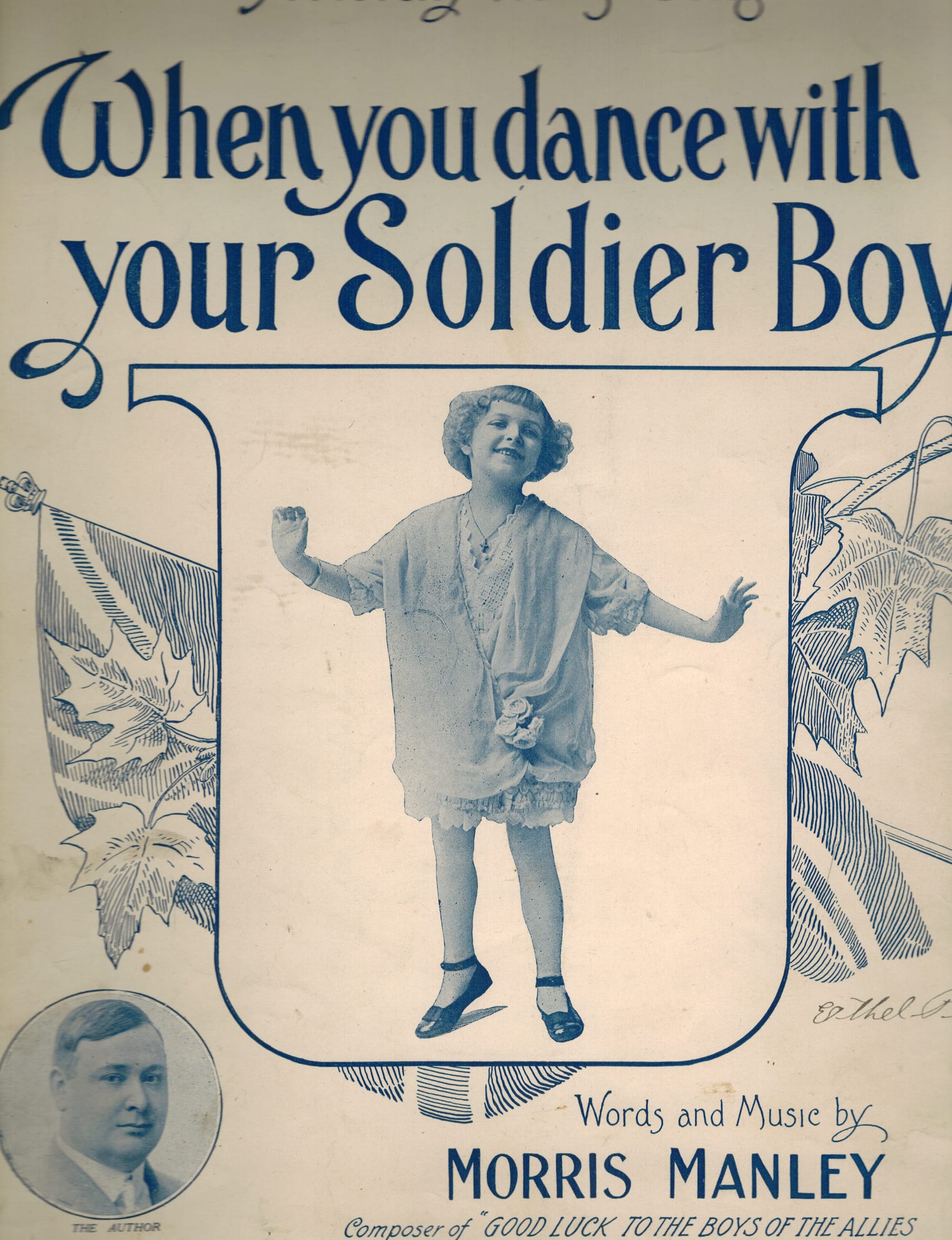 Photo of a young girl with arms outstretched, above which is the song's title, and beneath which is the name of the composer, whose photo appears at the lower left.