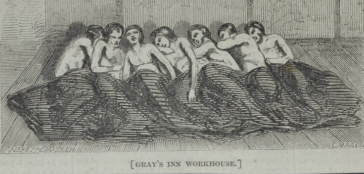 An engraving depicting women huddled together beneath a blanket.